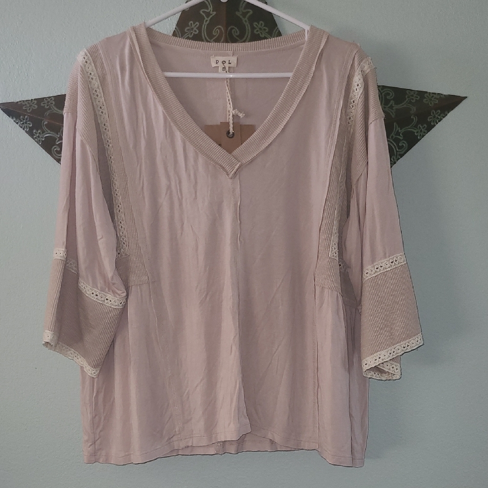POL Dusty Rose Lace Accent V-Neck Blouse